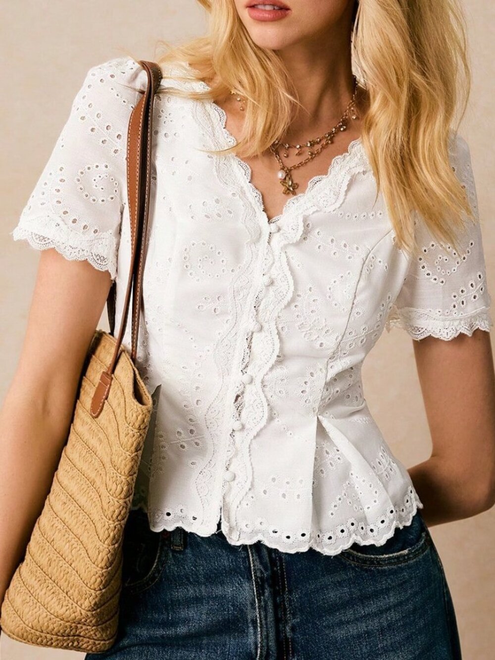 White Casual Women's Contrast Lace Mesh Embroidery Ruffle Button Down Shirt - Picture 6 of 7